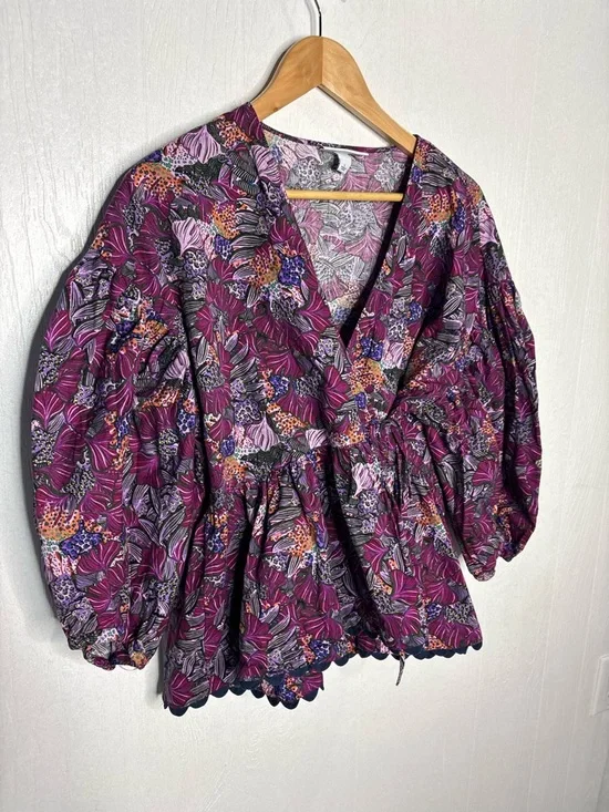 Kika Vargas For Target purple floral wrap top balloon sleeves size large - Picture 5 of 11